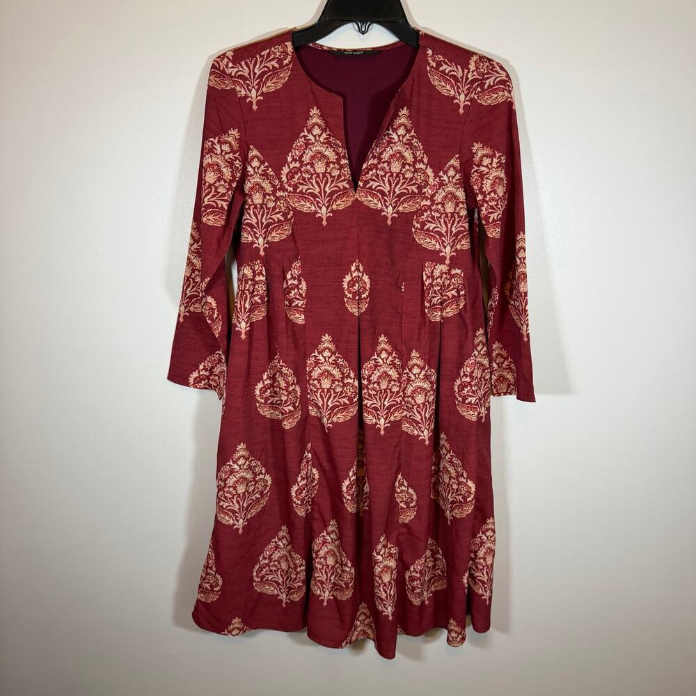 eShakti Red Cream Printed Knee Length Shift Dress Womens S Flowy Casual